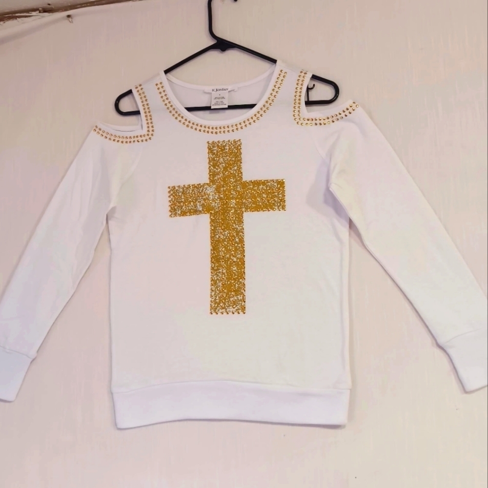 NWOT Top blouse Western Off Shoulder K.jordan white gold studs Cotton Casual S. - Picture 4 of 14